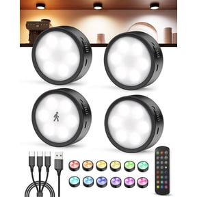 2400mAh Rechargeable Puck Lights with Remote, Radar Motion Sensor Wireless LED Under Cabinet Lighting, RGB Color Changing Dimmable Stick on Tap Light for Kitchen Closet Shelf Display