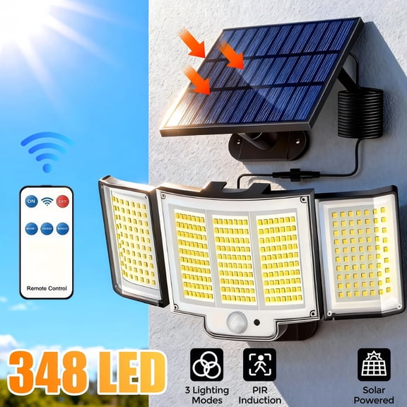 2400mAh Solar Security Light 348 LED, 3 Lighting Modes (Dim/Sensor/All Night), Separable Panel & 16.4ft Cable, IP65 Outdoor Wall Light