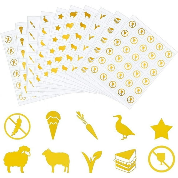 2400pcs 10 Styles Gold Meal Stickers 0.5 Inch Food Choice Sticker Sheep/Duck/Carrots/Vegetarianism Wedding Meal Indicator Stickers Kitchen Stickers for Place Card Wedding Party Supplies