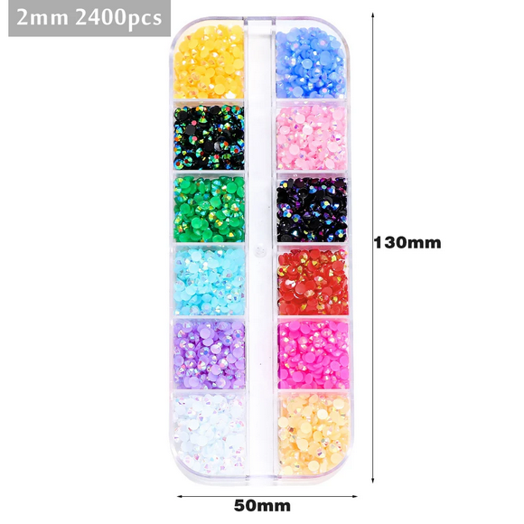 2400pcs 2mm AB Jelly Rhinestones Set Round Resin Flatback Colorful glitter Rhinestones DIY 3D Nail Art Decorations