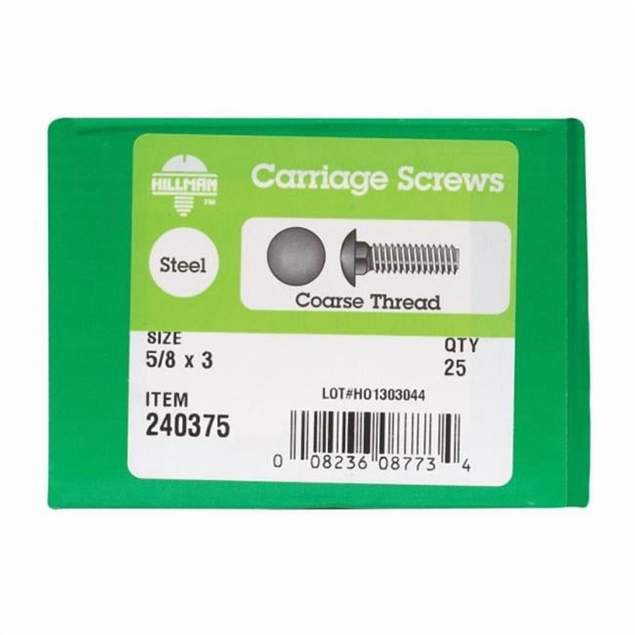 240375 0.63 x 3 in. Round Head Carriage Bolt - Zinc Plated Steel