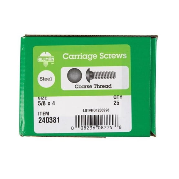 240381 0.63 x 4 in. Round Head Carriage Bolt - Zinc Plated Steel