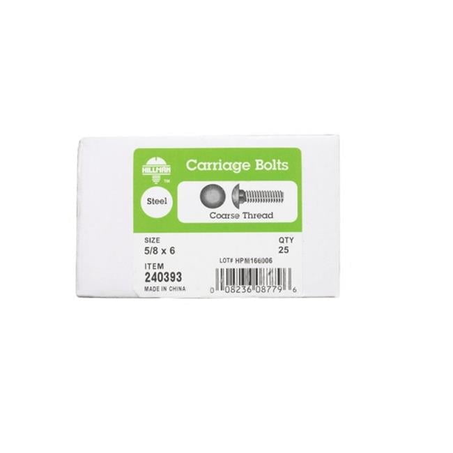 240393 0.63 x 6 in. Round Head Carriage Bolt - Zinc Plated Steel