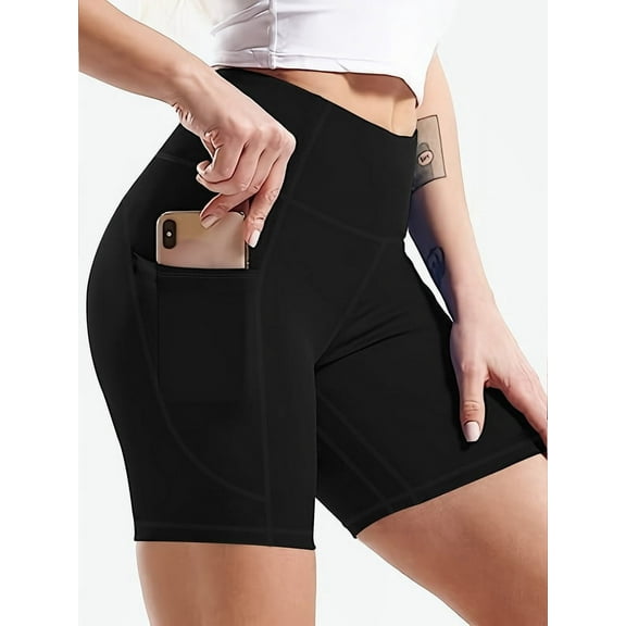 Funidos Women's biker Shorts High-Waisted with Phone Pocket Workout Shorts Moisture-Wicking Fabric Tummy Control Fitness Shorts for Running Gym Pilates