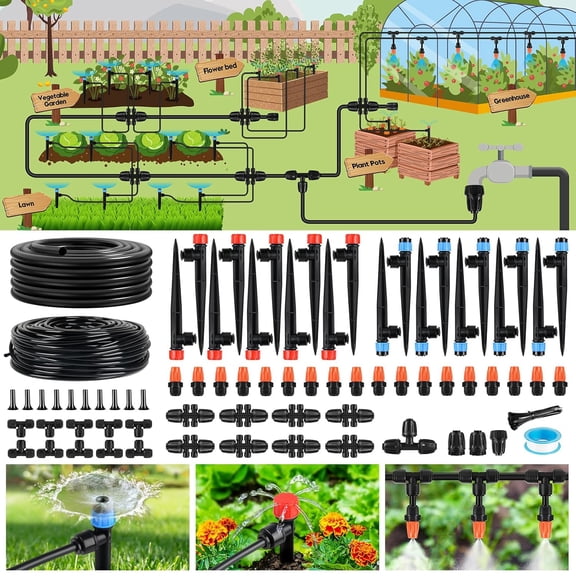 240FT 2025 Upgraded Drip Irrigation - Quick-Connect, 1/2"&1/4"Tubing, Adjustable Emitters