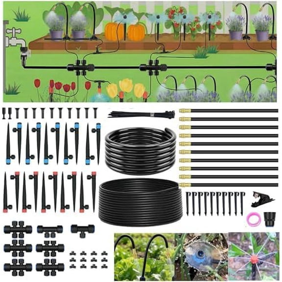 240FT Drip Irrigation System for Garden: 30 Nozzles 1/2" PE Tubing Automatic Watering Kit Adjustable Misting Sprinkler Mister 1/4" Hose for Water  Tape Raised Beds Lawn Outdoor Greenhouse