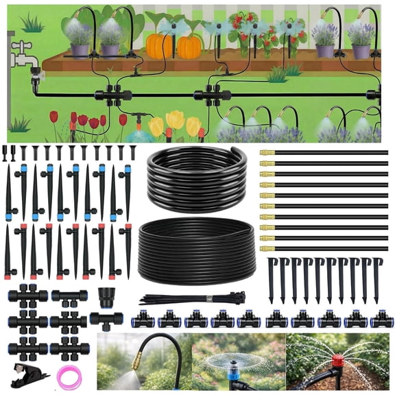 240FT Drip Irrigation System for Garden: Quick Connect 1/2" OD 5/16" ID PE Main Tubing Automatic Sprinkler Kit Adjustable Misting Part 1/4" Watering Hose Outdoor Raised Bed Plants Flower Yard
