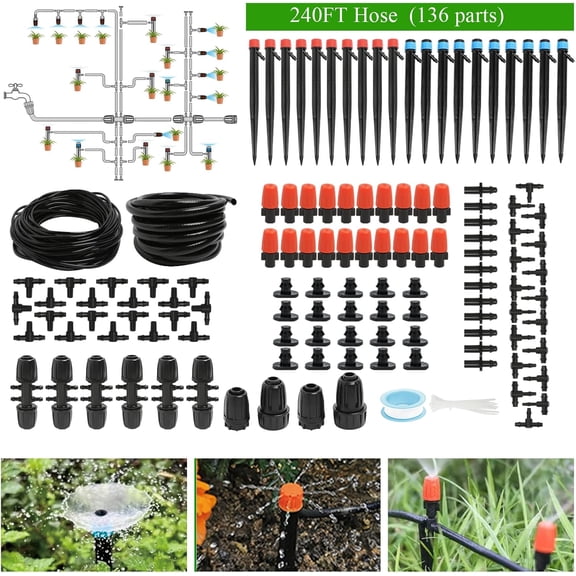 240FT Drip Irrigation System Kit, Automatic Garden Watering Misting for Greenhouse, Yard, Lawn, Plant with 1/2 inch Hose 1/4 Distribution Tubing and Accessories