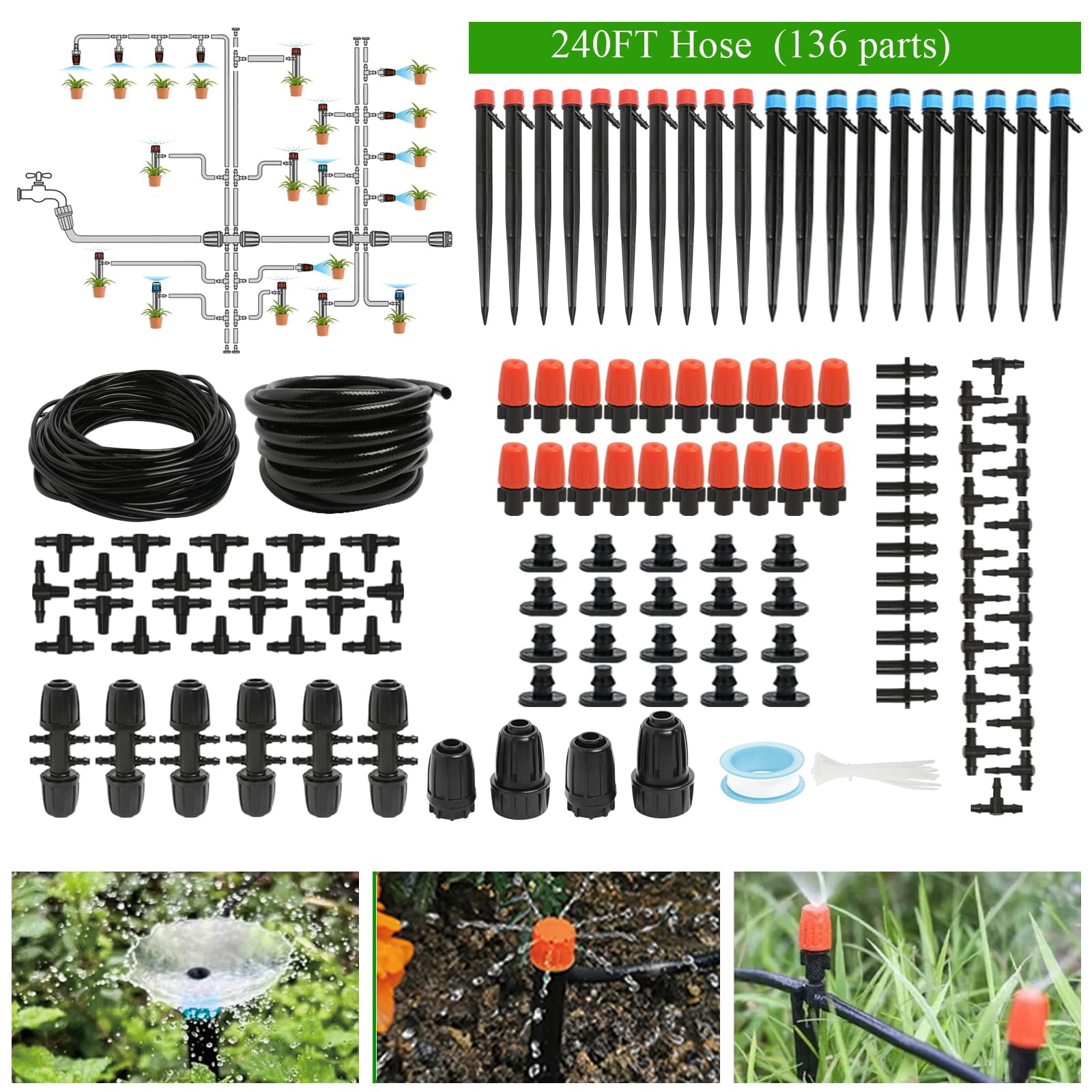 240FT Drip Irrigation System Kit, Automatic Garden Watering Misting System for Greenhouse Yard Lawn