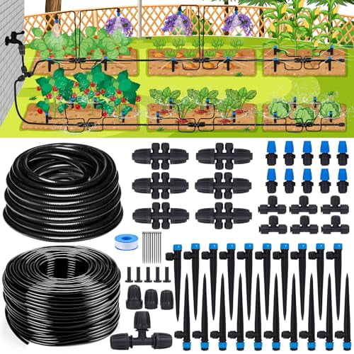 240FT Drip Irrigation System Kits, Quick Connect Automatic Garden Watering System for Raised Bed, Potted Plants, Lawn, Greenhouse with 1/2 inch Hose 1/4 inch Tubing and Accessories
