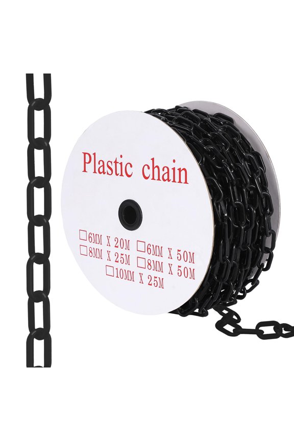 240FT Plastic Barrier Chain Black, 6MM Thick Safety Chain with 1.5-Inch Links, UV Resistant Plastic Chain with 50 Hooks for Crowd Control, Parking Lots, Driveways, Construction & Queue Lines