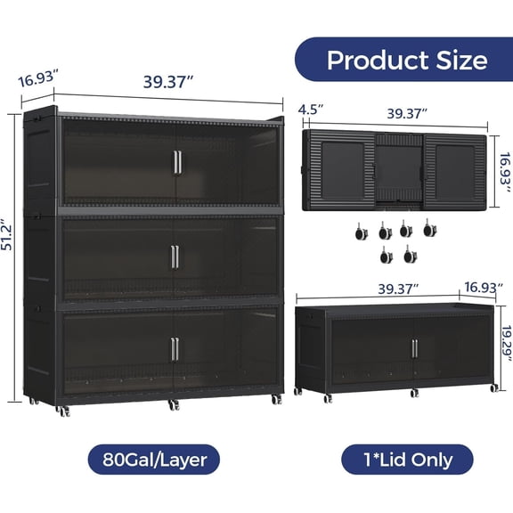 240Gal Extra Large Stackable Storage Bins with Lid, 960Qt Collapsible Storage Box with Wheels, Closet Organizers and Storage Cabinet Container for Home, Kitchen, Office, Bedroom, 3Pack Black