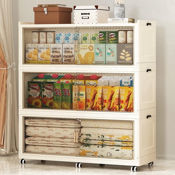 Collapsible Stackable 240Gal Extra Large Storage Bins with Lids, 3-Pack Rolling Organizer Cabinet with Doors for Home & Closet, Beige, 39.4" W