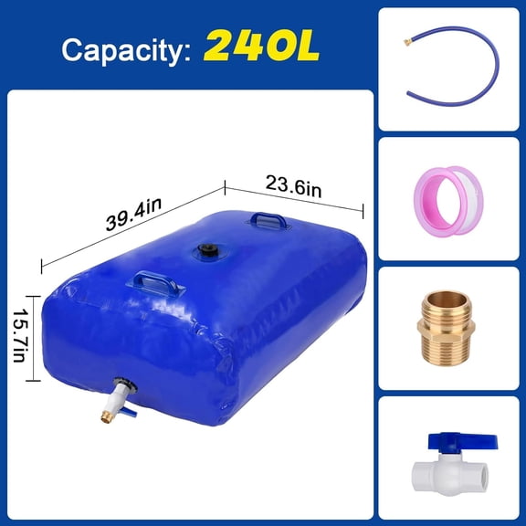 240L Collapsible Water Storage Bladder with Hose and Adapters for Emergency, RV, Garden Use