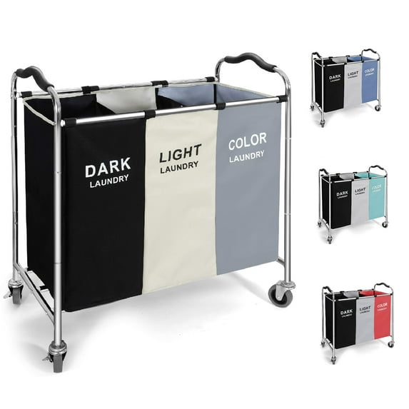 240L Large Laundry Hamper Laundry Basket Sorter 3 Section Bag Organizer with Frame and Wheels for Bathroom Bedroom Nursery Heavy Duty Laundry Cart Baskets for Dirty Clothes Toys Towel