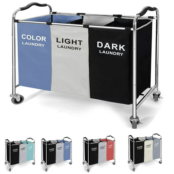 240L Laundry Basket With Wheels,16 X 30 X 35 In 3-Bag Laundry Hamper Cart For Dirty Clothes ,Storage And Organization With Clothes,Toys,Towels,Blankets For Laundry Room ,Bedroom & Bathroom(3 colors)