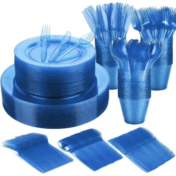 240PCS Blue Glitter Dinnerware Set 40Guest Disposable Blue Glitter Dinnerware 10.2"Dinner Plates 7.5"Salad Plates with 40PCS 9 oz Plastic Cups 40Guests Plastic Forks Knives Spoons