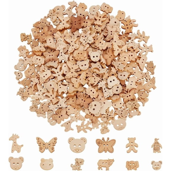 240Pcs 12 Styles 2-Hole Wood Buttons Beige Mixed Shapes 12.5~20x14.5~23.5x2.5~3.5mm Hole: 1.2~2.5mm 20pcs/style DIY