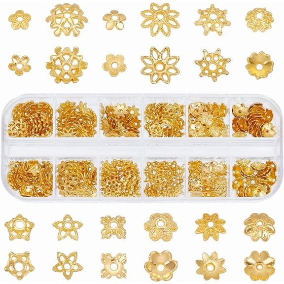 About 240Pcs 12 Styles Flower Bead End Caps Flower Filigree Bead Caps Golden Spacer Beads Caps Ends Metal Bead Caps Loose Spacer Beads Bulk Earrings for Bracelet Jewelry Making