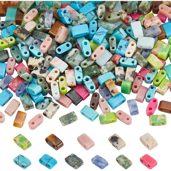 240Pcs 12 Styles Natural & Synthetic Mixed Gemstone Beads Strands 2-Hole Rectangle Mixed Dyed and Undyed 2.5~3x5x2.5mm Hole: 0.8mm 20pcs/style