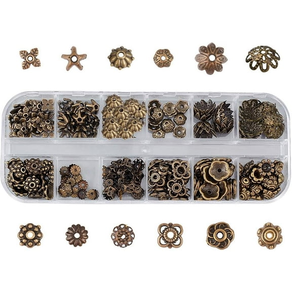 240Pcs 12 Styles Spacer Flower Beads Caps Antique Bronze Beads Mixed Tibetan Beads for Jewellery Making DIY Keyring Bracelet Necklace Earring