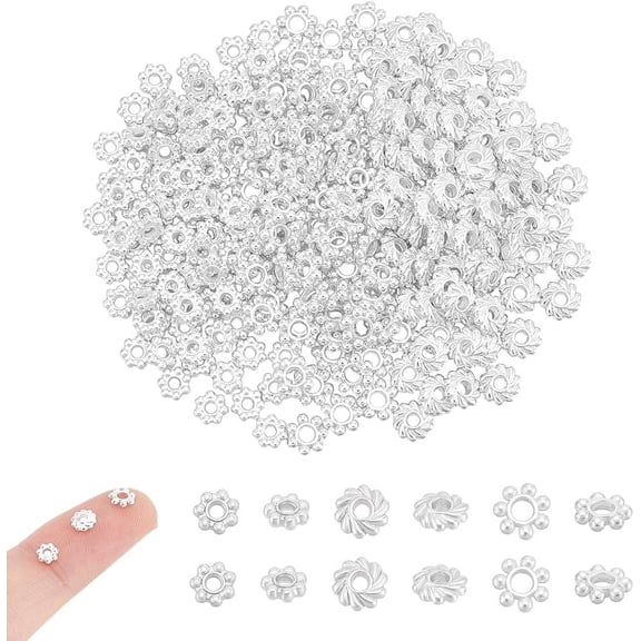 240Pcs 3 Styles Flower Spacer Beads 4-5mm Snowflakes Beads Metal Zinc Alloy Beads Textured Rondelle Beads Silver Beads for Bracelet Necklace Jewelry Making