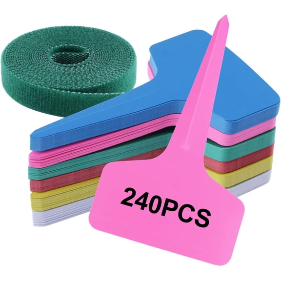 240Pcs 6 Colors Plant Labels with Plant Tie Waterproof Plastic Garden Stake Tags Reusable T-Type Nursery Garden Makers for Seedlings Flower Vegetables Herb Potted (6x10cm)
