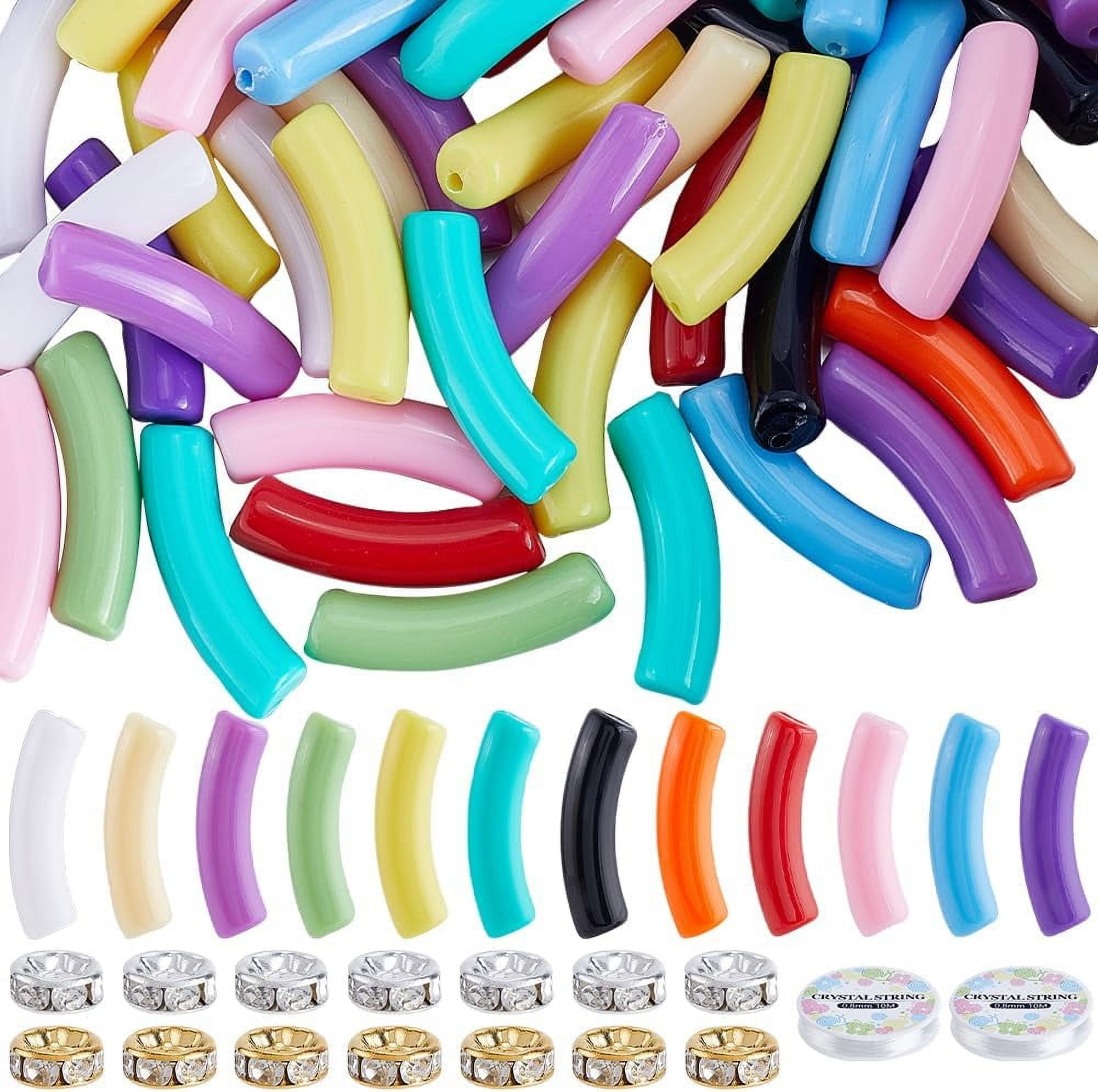 NBEADS Acrylic Curved Tube Beads Kit - 100 Gold UV Plated Tubes + 100 Brass Spacers + Elastic Cord