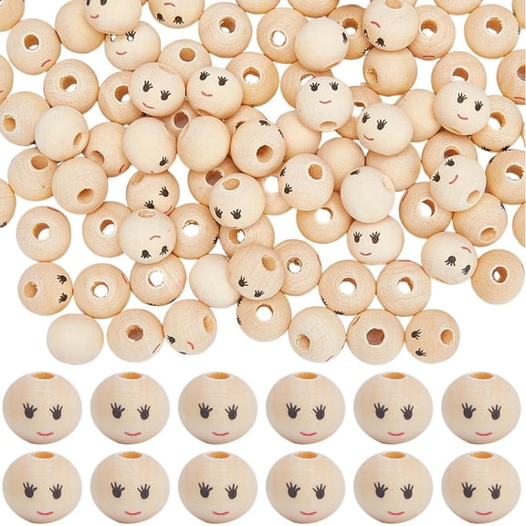 240Pcs Face Wood Beads 12mm Natural Wooden Beads with Faces Printed Round Wood Spacer Loose Beads Head Beads with 2.9mm Hole Wooden Ball DIY