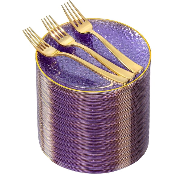 240Pcs Purple Plastic Plates Set with 120 Dessert Plates and 120 Forks | Heavy Duty Purple Hammered Appetizer Plates with Gold Small Forks for Party, Wedding, Birthday