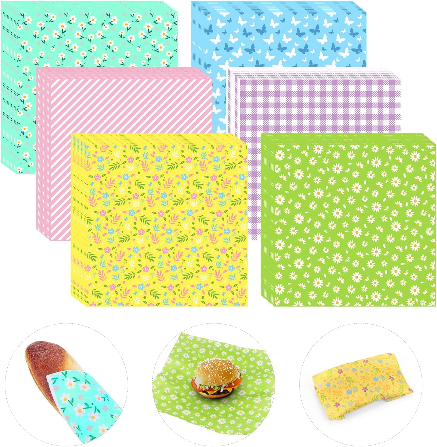240Pcs Spring Wax Paper Dry Waxed Deli Paper Sheets 12x12 inch Sandwich Wrap Paper Floral Parchment Sheets Food Basket Liner Food Paper Sheets for Home Kitchen Picnic Spring Easter Tea Party Supplies