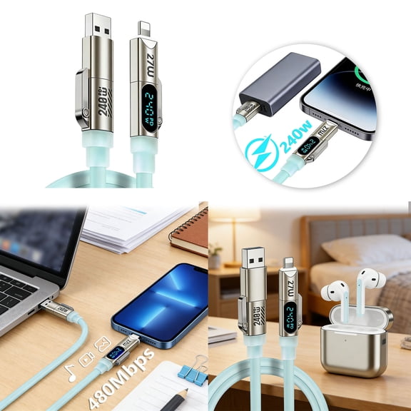 240W 4 In 1 Charging With Digital Display Functional USB C Charging Cord Type C/USB A Ports Cord Silicone Data For Phone Laptop Tablet