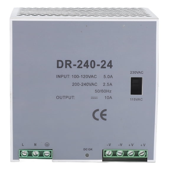 240W AC to DC DIN Rail Mount Switching Power Supply with Overload Protection, 24V Output, 100-120V / 200-240V