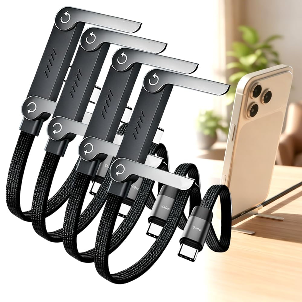 240W Braided Fast Charge Cable with Built-in Phone Stand, Invisible Holder Charger Cord for iPhone, 5FT Type-C to C Cable with 90° Angle