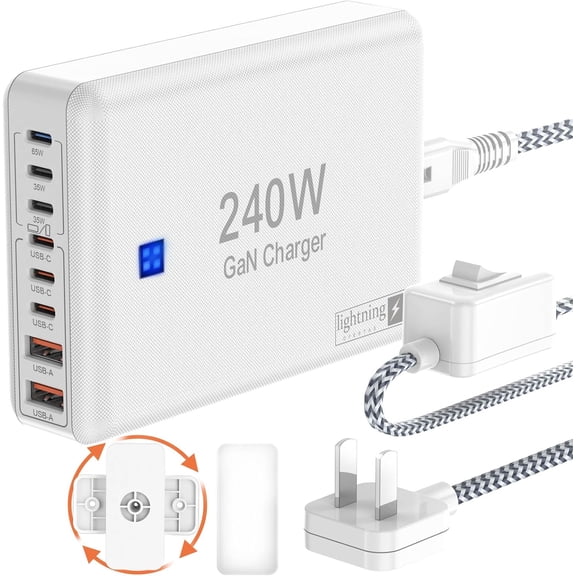 240W Fast Charging Blocks, 8-Port Charging Station for iPhone/Ipad/MacBook, 6C2A PD GaN Charger Box, USB Tower Hub 5ft Braided Power Cord with On/Off Switch, Flat Plug, Travel Essentials