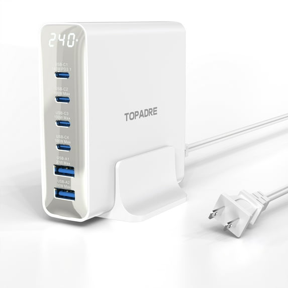 240W GaN 6-Port USB-C Charging Station with LED Display, PD3.1 Fast Charging Compatible with MacBook/Dell/Galaxy - White