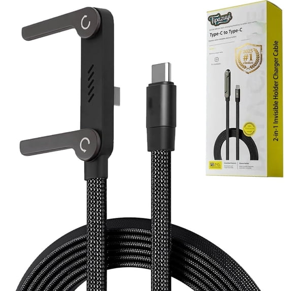 240W Invisible Phone Charger Cable Stand Fast Charging Braided Built-in Kickstand 2In1 Folding Foldable Sideways Flat Universal USB-C C to C for iPhone Android Charging Station Hub, 4.9FT