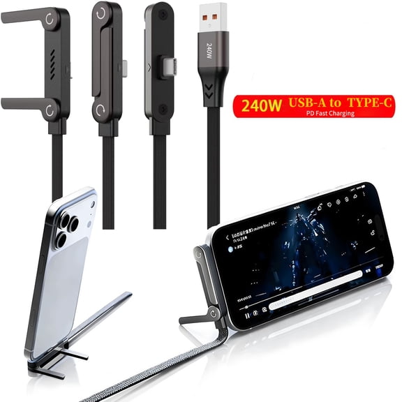240W PD Fast Charging Cable Invisible Holder Charger, 360 adjustable metal stand 2-in-1 For gaming, office, home A to C