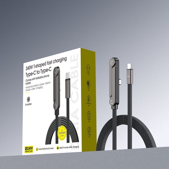 240W PD Fast Charging USB C Cable with Foldable Phone Stand, 90 Degree Right Angle Braided Type C Charger Cord for Gaming Binge-Watching, Compatible with Phone Tablet Laptop