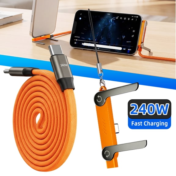 240W Type-C Fast Charging Cable 1.5M Orange Braided Wire with Foldable Phone Stand,hone Holder, Play & Watch Videos While Charging