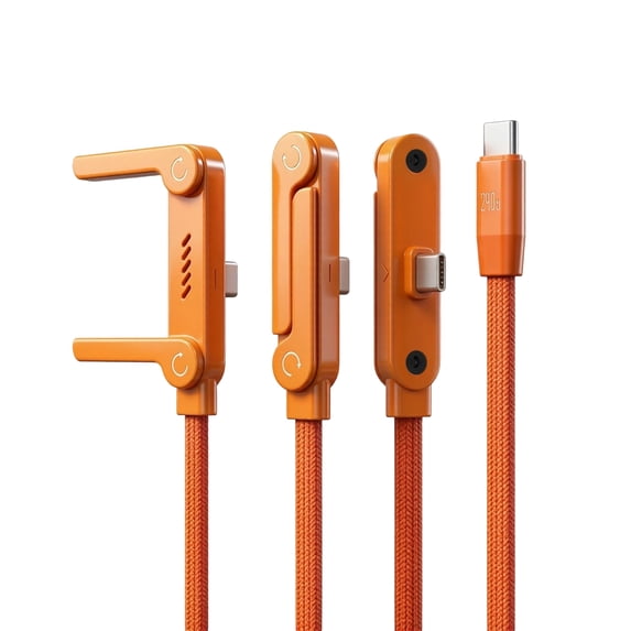 240W USB C Fast Charging Data Cable 90 Degree Elbow Design with Foldable Phone Stand for Daily Use (Orange)