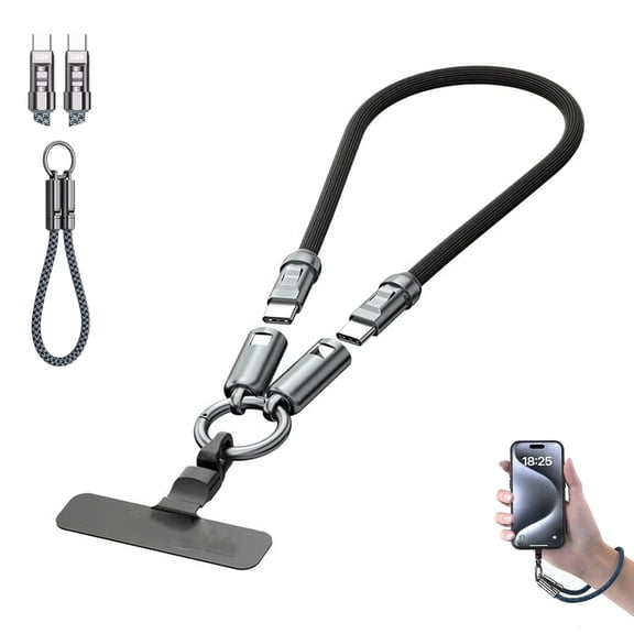 240W USB-C Power Link Wrist Lanyard, Detachable Wrist Strap Charging Cable, 2-in-1 Fast Charging Data Cable and Phone Lanyard,Durable Tangle-Free Outdoor Charger Cord for Mobile Devices (Black,0.3m)
