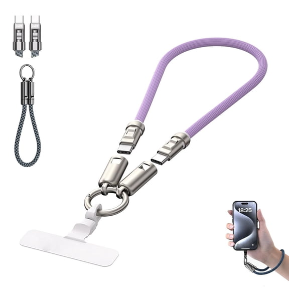 240W USB-C Power Link Wrist Lanyard, Detachable Wrist Strap Charging Cable, 2-in-1 Fast Charging Data Cable and Phone Lanyard,Durable Tangle-Free Outdoor Charger Cord for Mobile Devices (Purple,0.3m)
