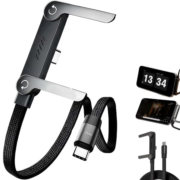 240W USB C to USB C Cable with 360° Rotatable Stand, 90 Degree Right Angle Fast Charging Cord, Nylon Braided for iPhone 16 15 Pro Max, Samsung S24 Ultra, MacBook, Laptop, Gaming, Black