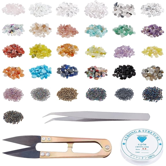 240g Gemstone Beads and 70g Glass seedsBeads with 2 Roll Elastic Crystal String Cord Steel Scissors for Jewelry Making