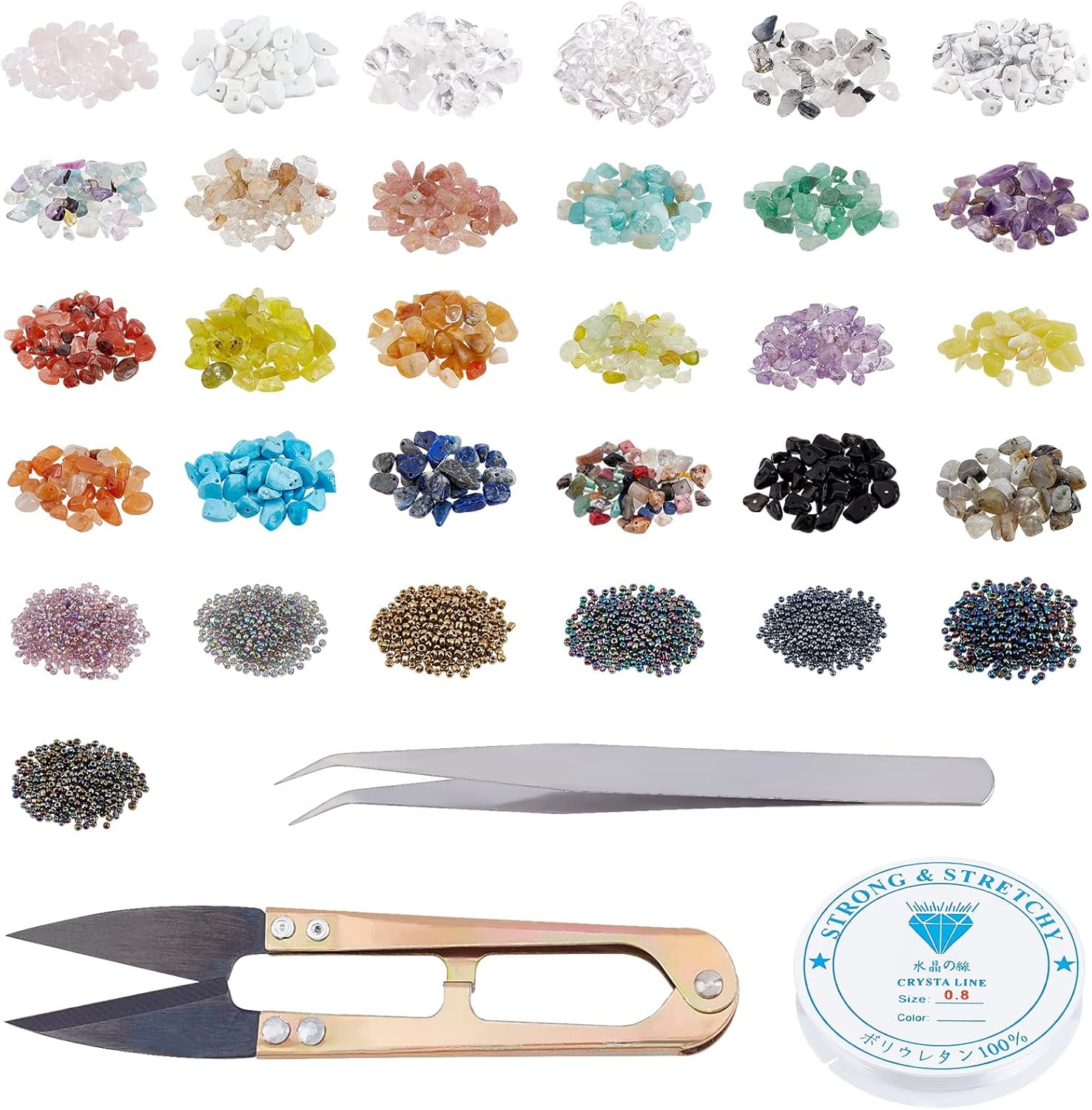240g Gemstone Beads and 70g Glass seedsBeads with 2 Roll Elastic String Cord Steel Scissors for Jewelry Making DIY Necklace Bracelet Colorful DIY