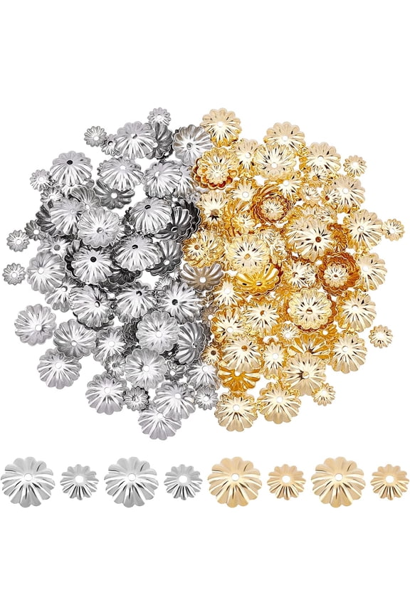 240pcs 2 Sizes 304 Stainless Steel Real Gold Plated Bead Caps Cone Hole 1.2mm Flower Metal Bead Caps for Bracelet & Necklace Making 304 Stainless Steel