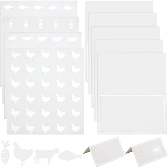 240pcs 4 Style Silver Meal Sticker 1 Inch with 60pcs Table Place Cards Food Choice Sticker Set Cow/Chicken/Fish/Carrot Wedding Meal Stickers with Blank Table Cards for Wedding Party Supplies Silver