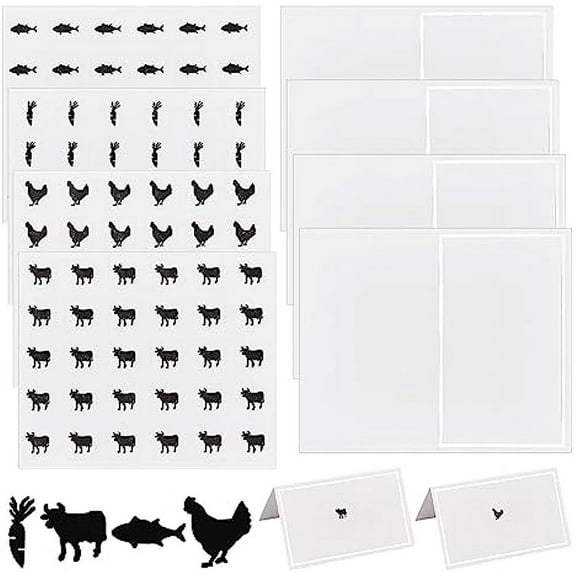 240pcs 4 Styles Black Meal Stickers 0.4 Inch with 60pcs Table Place Card Food Choice Sticker Set Cow/Chicken/Fish/Carrot Wedding Meal Sticker with Blank Table Cards for Wedding Party Supplies