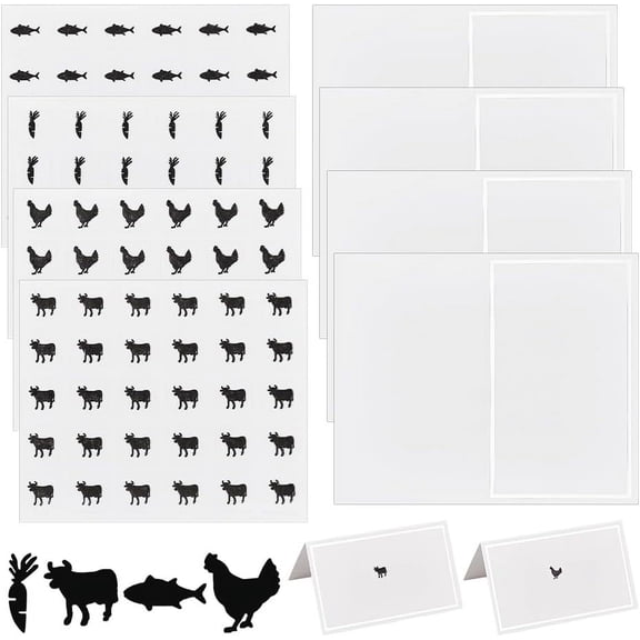 240pcs 4 Styles Black Meal Stickers 0.4 Inch with 60pcs Table Place Card Food Choice Sticker Set Cow/Chicken/Fish/Carrot Wedding Meal Sticker with Blank Table Cards for Wedding Party Supplies Black